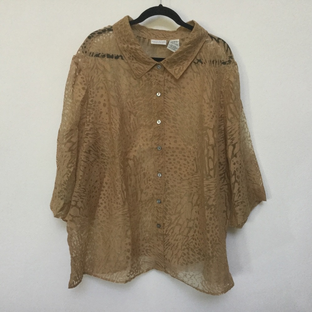 White Stag Tan Mixed Animal Print Sheer Button Down Short Sleeve Size 26W/28W